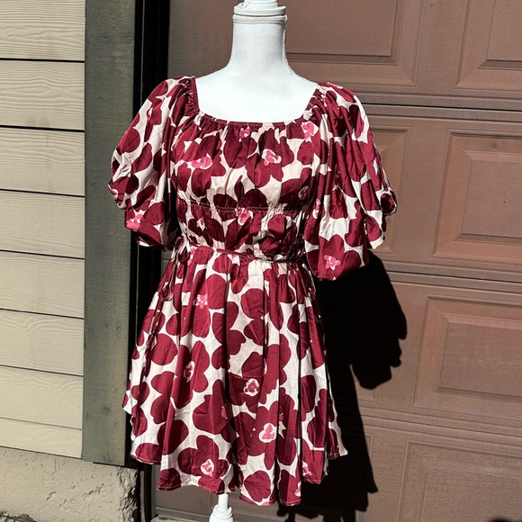 Altar'd State Dresses & Skirts - Altar'd State Burgundy and Cream Floral Puff-Sleeve Mini Dress